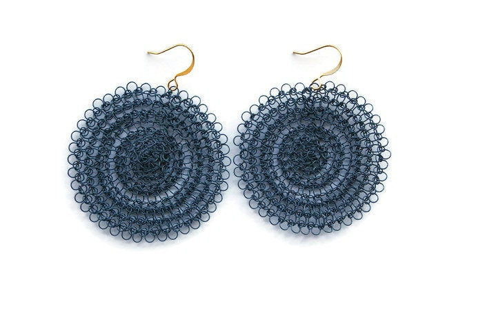 Navy Blue Crochet Lace Dangle Circle Earrings - Lightweight Gift for Women - SosyGallery