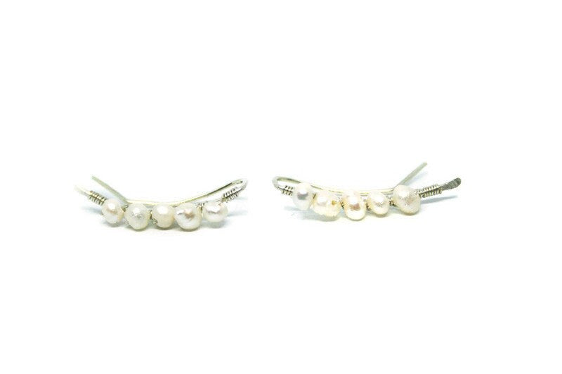 Freshwater Pearl Ear Climbers in Sterling Silver 925 - Minimalist Earrings - SosyGallery