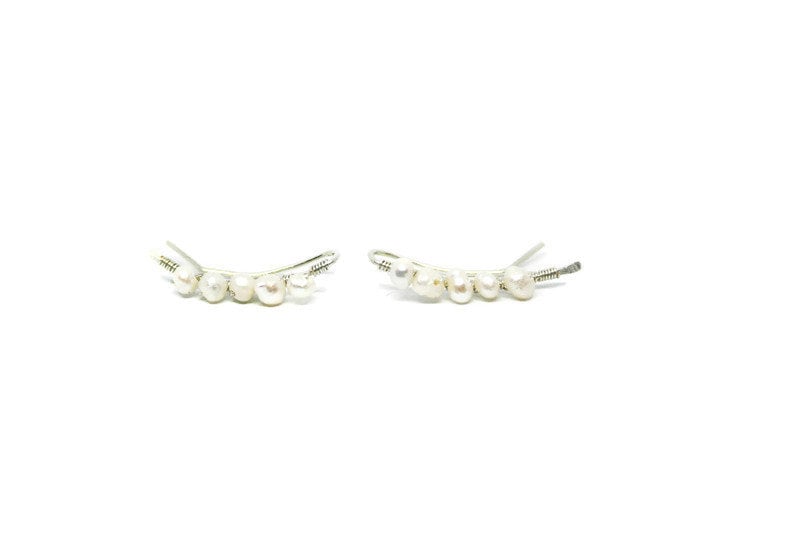 Freshwater Pearl Ear Climbers in Sterling Silver 925 - Minimalist Earrings - SosyGallery