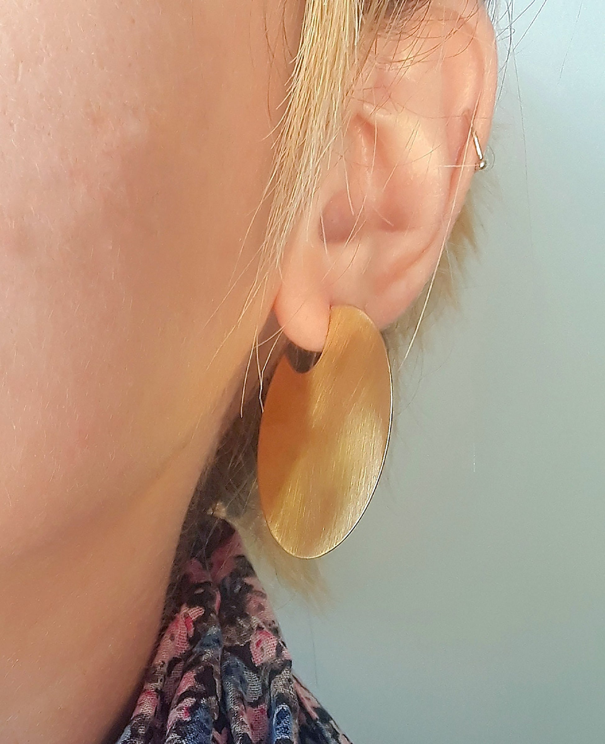 Geometric Disc Hoop Earrings Gold Brass Statement Large Big Circle Handmade Jewelry Cool Round Earrings - SosyGallery