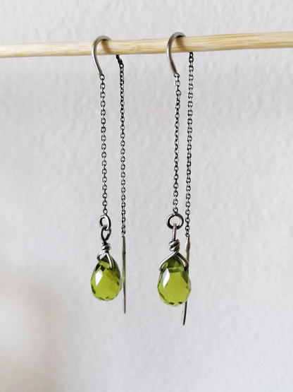 Delicate Green Quartz Crystal Teardrop Threader Earrings in Sterling Silver 925 - SosyGallery