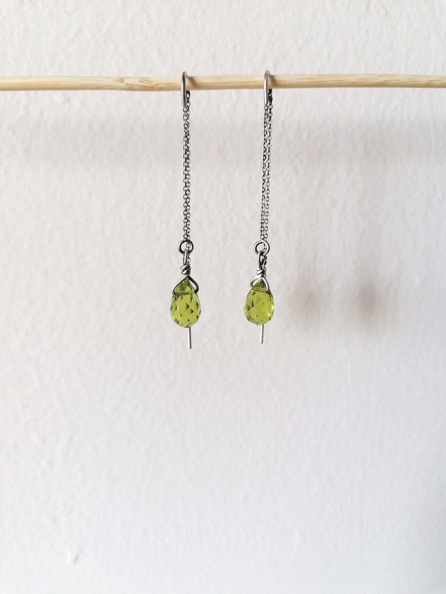 Delicate Green Quartz Crystal Teardrop Threader Earrings in Sterling Silver 925 - SosyGallery