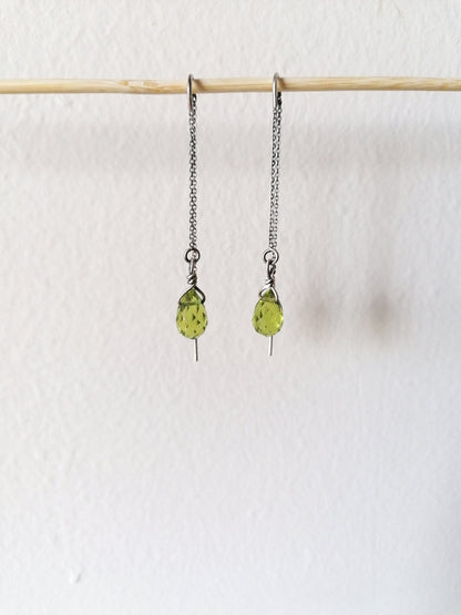 Delicate Green Quartz Crystal Teardrop Threader Earrings in Sterling Silver 925 - SosyGallery