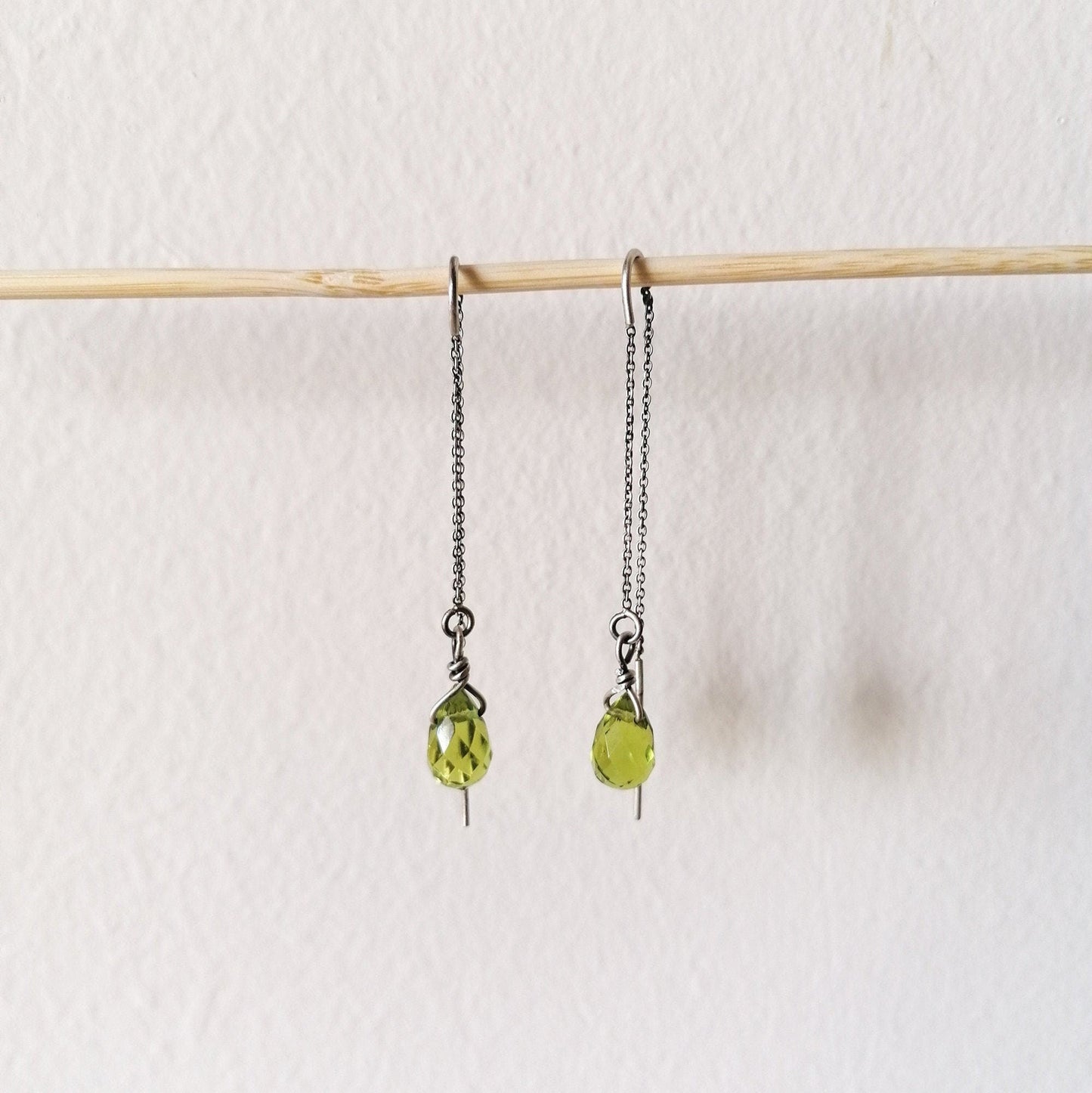 Delicate Green Quartz Crystal Teardrop Threader Earrings in Sterling Silver 925 - SosyGallery