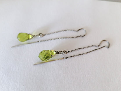 Delicate Green Quartz Crystal Teardrop Threader Earrings in Sterling Silver 925 - SosyGallery