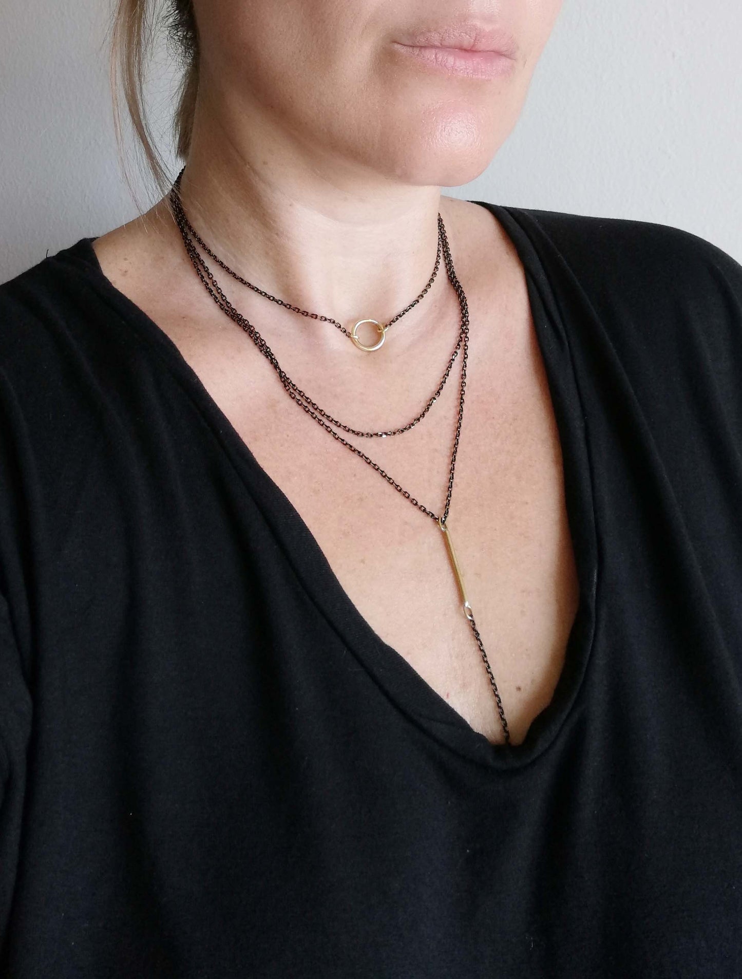 Layered Necklace Set - Gold and Black Choker with Circle and Bar Pendants - SosyGallery