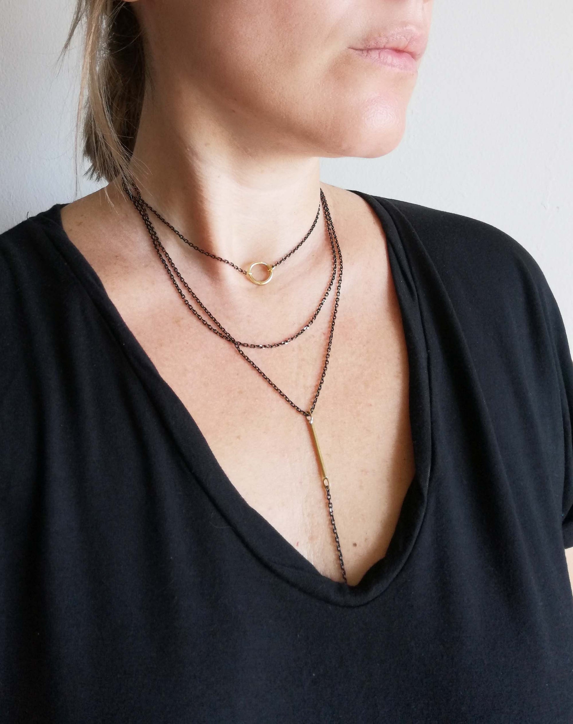 Layered Necklace Set - Gold and Black Choker with Circle and Bar Pendants - SosyGallery