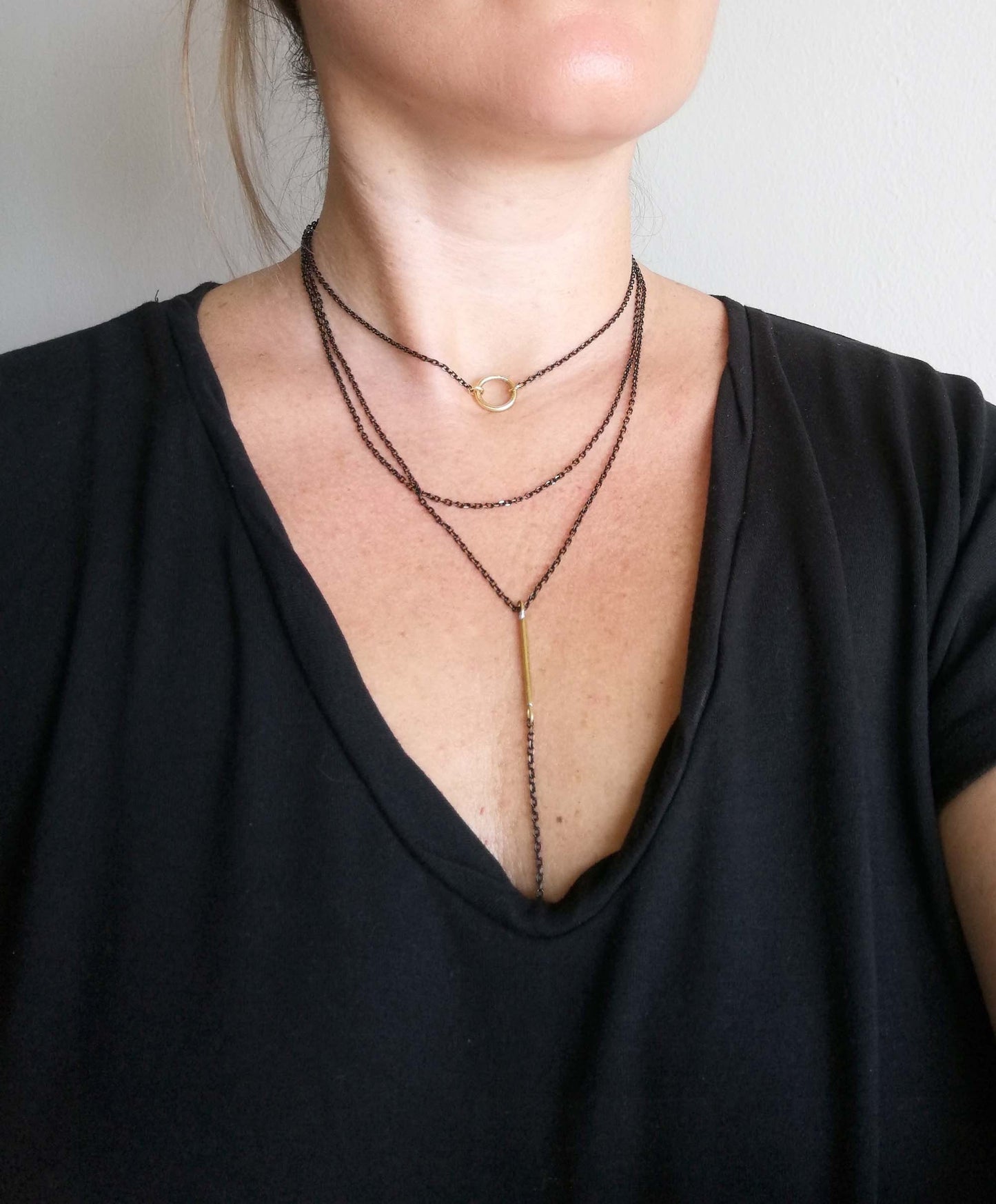 Layered Necklace Set - Gold and Black Choker with Circle and Bar Pendants - SosyGallery