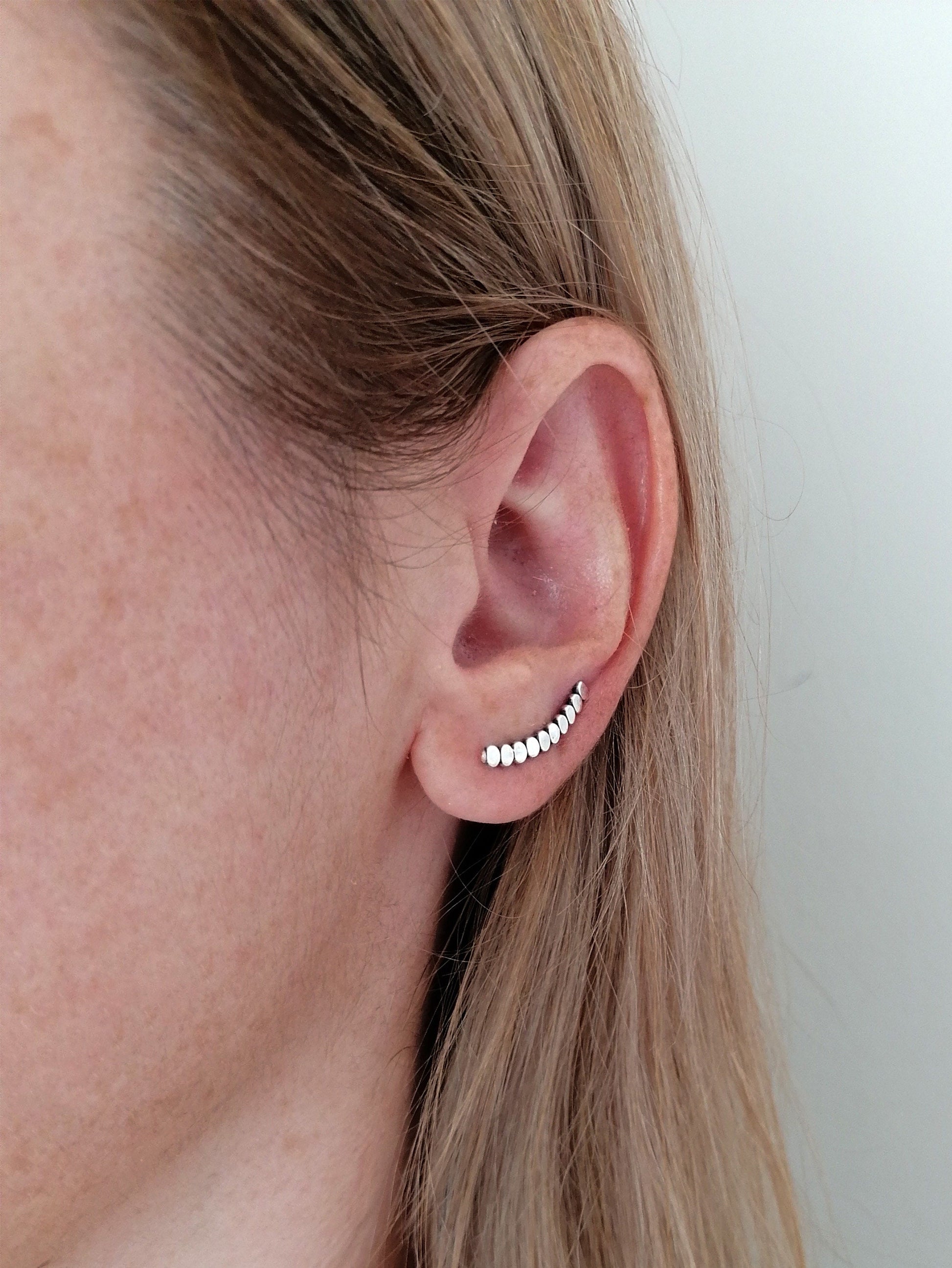 Silver 925 Handmade Ear Climber Earrings with Small Circle Studs - SosyGallery