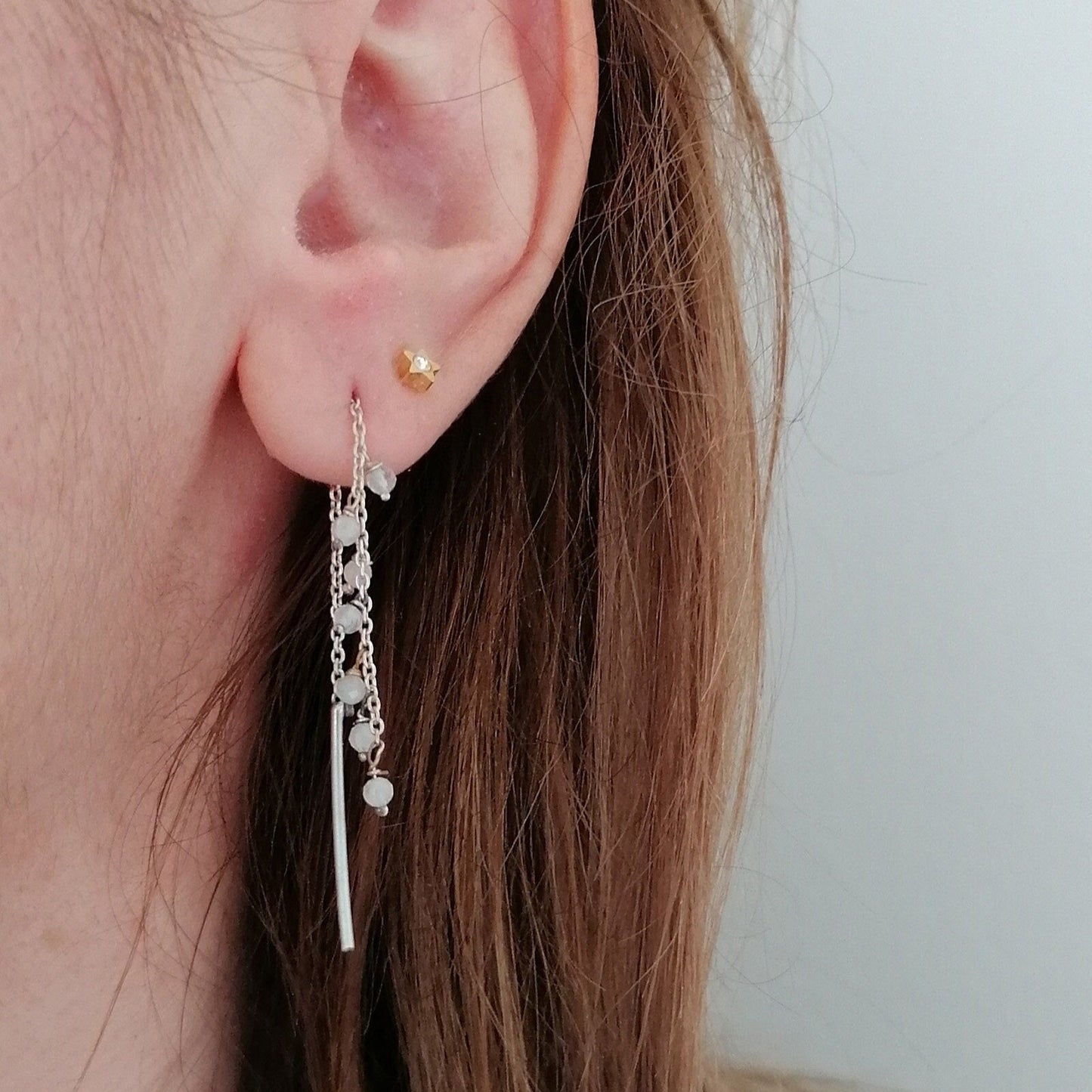 Threader Chain Earrings in 925 Silver with Moonstone Crystal Beads – Ideal Gift for Her - SosyGallery