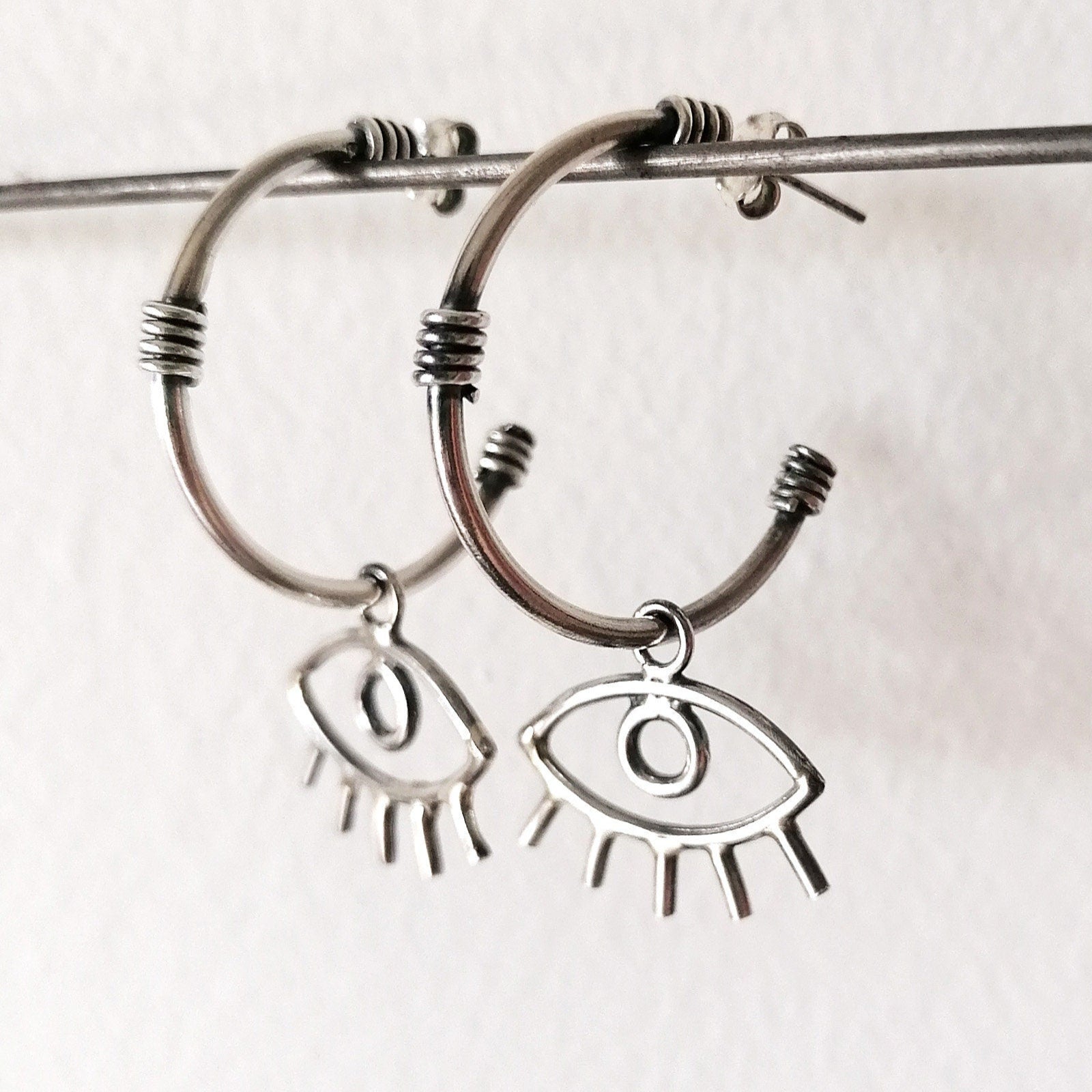 Handmade Solid Silver 925 Evil Eye Hoop Earring - SosyGallery