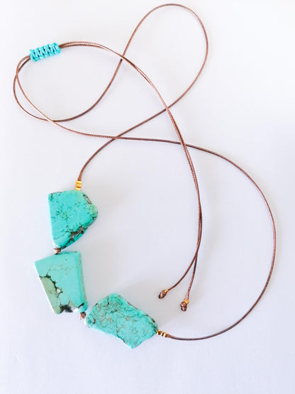 Raw Turquoise Pendant Long Statement Necklace - Unique Jewelry Piece - SosyGallery