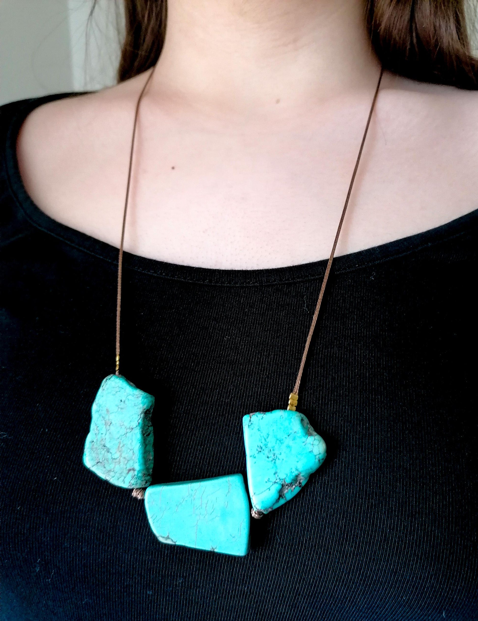 Raw Turquoise Pendant Long Statement Necklace - Unique Jewelry Piece - SosyGallery