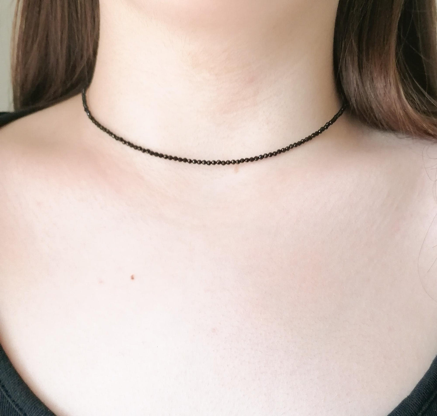 Black Spinel Choker Necklace - Delicate Beaded Gemstone Jewelry - SosyGallery