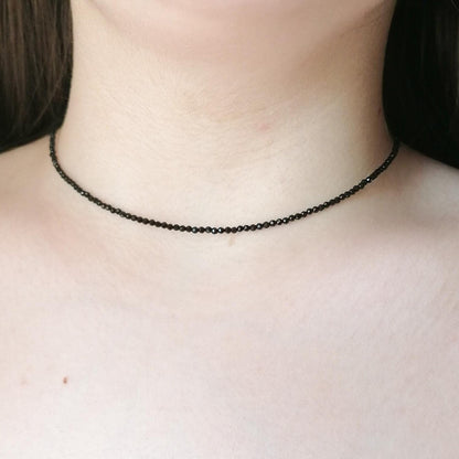 Black Spinel Choker Necklace - Delicate Beaded Gemstone Jewelry - SosyGallery