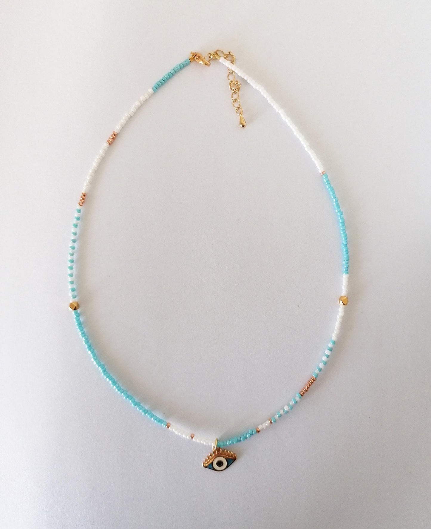 Evil Eye Beaded Choker Necklace - Blue, White, and Gold Summer Jewelry - SosyGallery