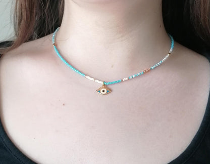 Evil Eye Beaded Choker Necklace - Blue, White, and Gold Summer Jewelry - SosyGallery