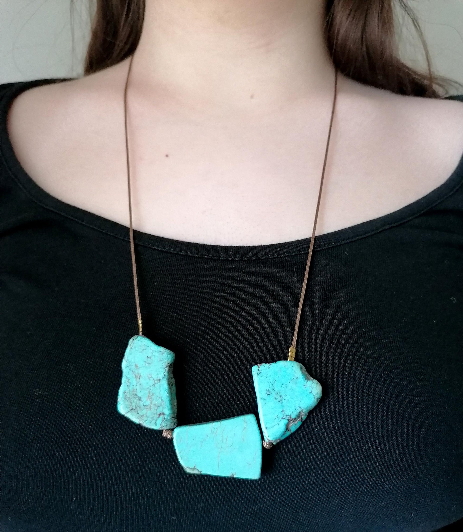 Raw Turquoise Pendant Long Statement Necklace - Unique Jewelry Piece - SosyGallery