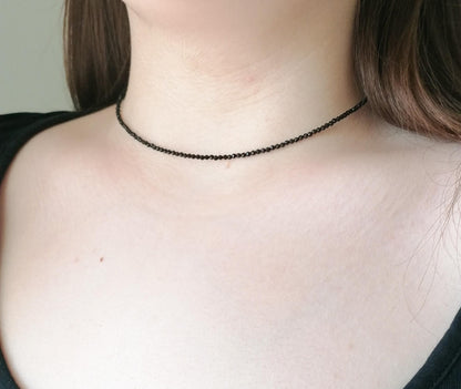 Black Spinel Choker Necklace - Delicate Beaded Gemstone Jewelry - SosyGallery