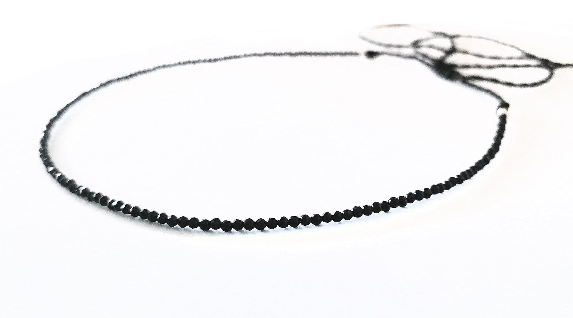 Black Spinel Choker Necklace - Delicate Beaded Gemstone Jewelry - SosyGallery