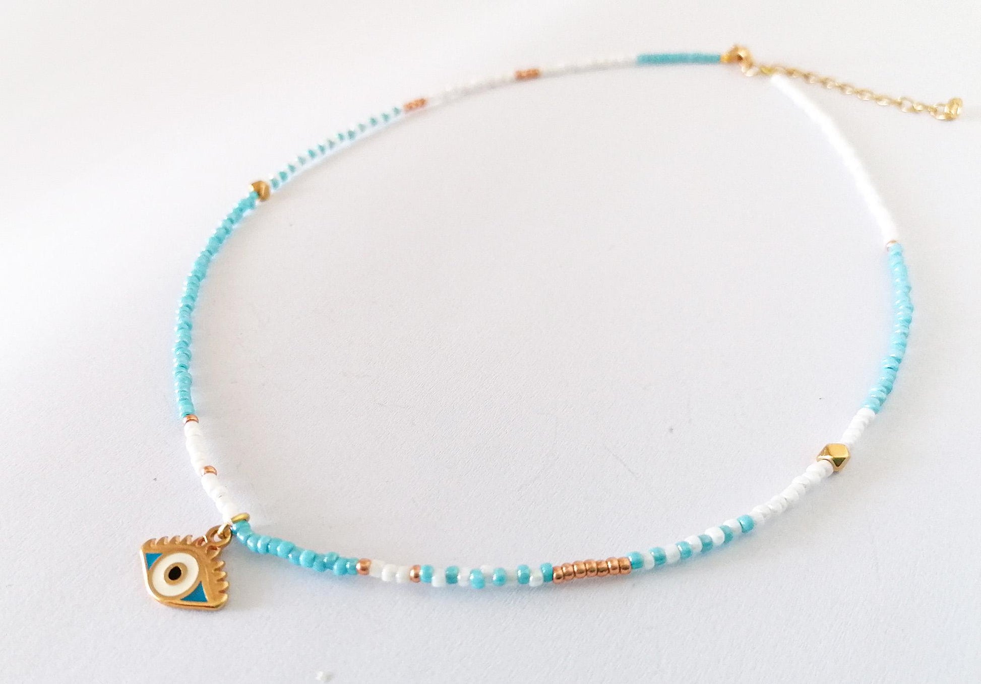 Evil Eye Beaded Choker Necklace - Blue, White, and Gold Summer Jewelry - SosyGallery