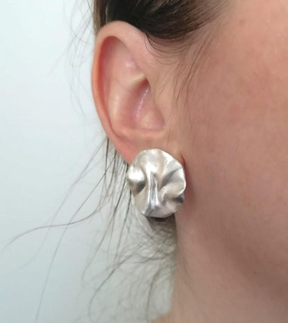 Silver 925 Large Irregular Melted Disc Stud Earrings - SosyGallery