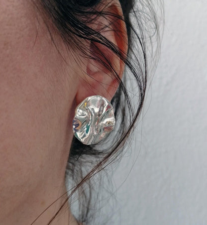 Silver 925 Large Irregular Melted Disc Stud Earrings - SosyGallery