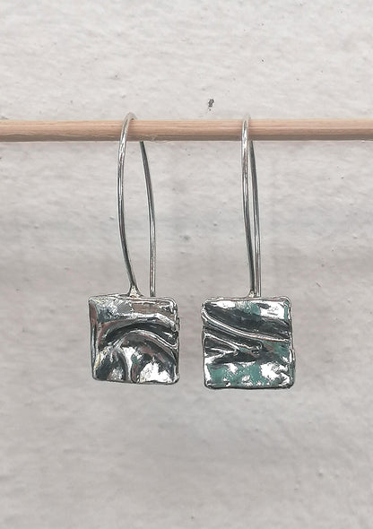 Dangle Earrings in Textured Irregular Square Design - Sterling Silver 925 - SosyGallery