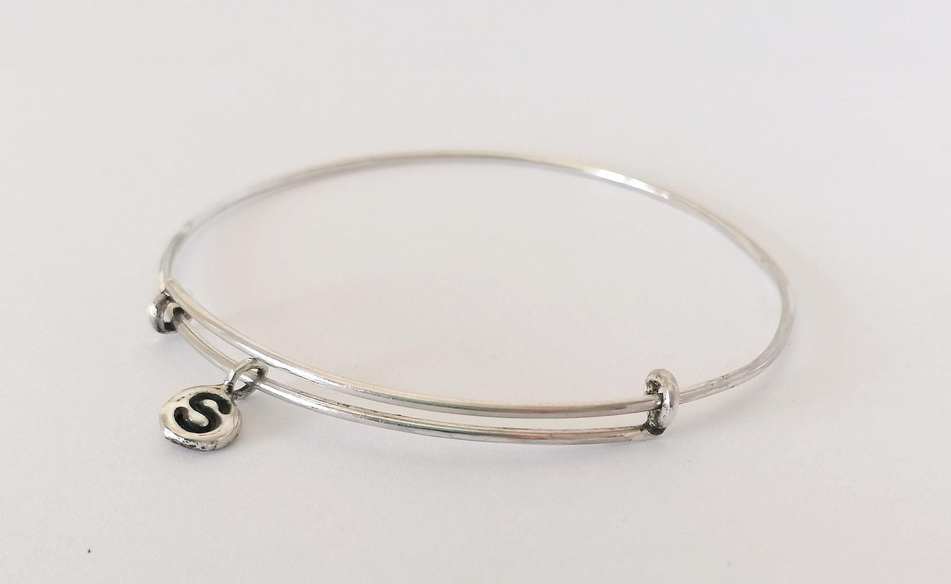 Sterling Silver 925 Adjustable Bangle Bracelet with Personalized Charms - Initials, Heart, Cross, and Monogram - SosyGallery