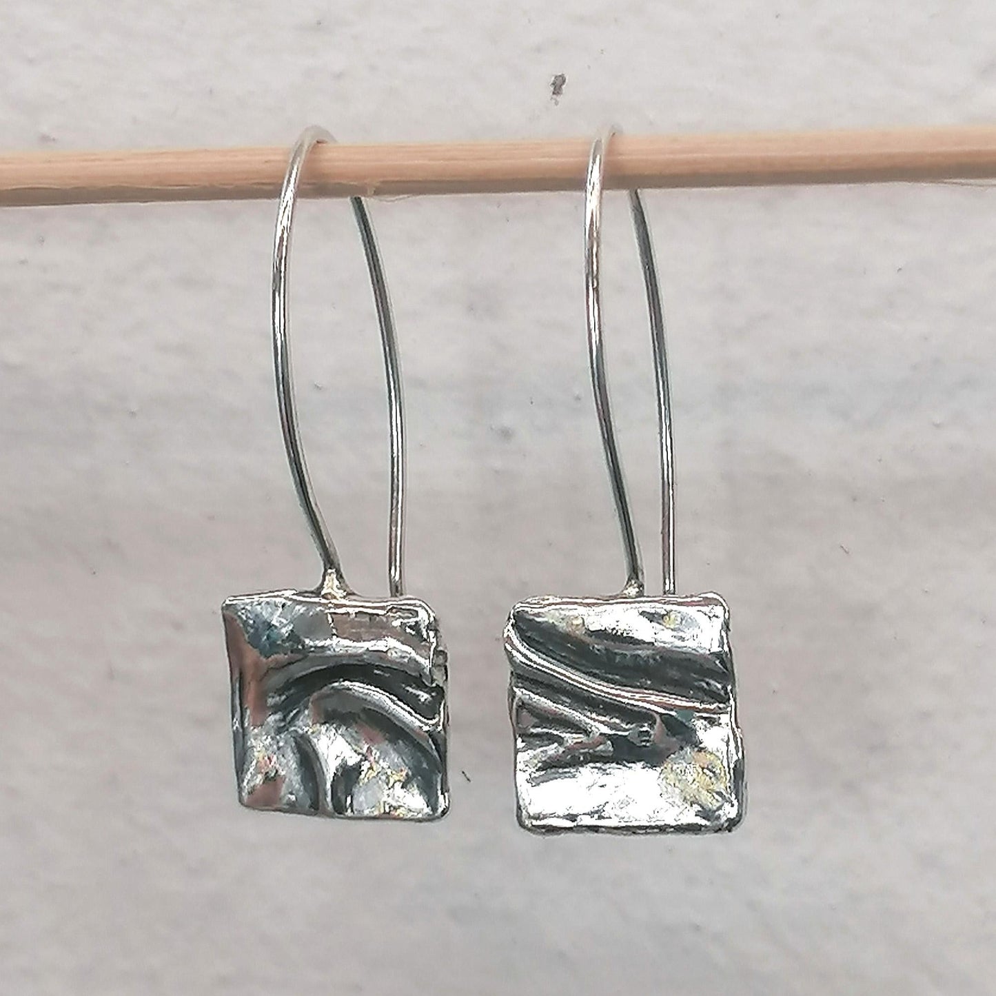 Dangle Earrings in Textured Irregular Square Design - Sterling Silver 925 - SosyGallery