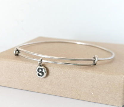 Sterling Silver 925 Adjustable Bangle Bracelet with Personalized Charms - Initials, Heart, Cross, and Monogram - SosyGallery