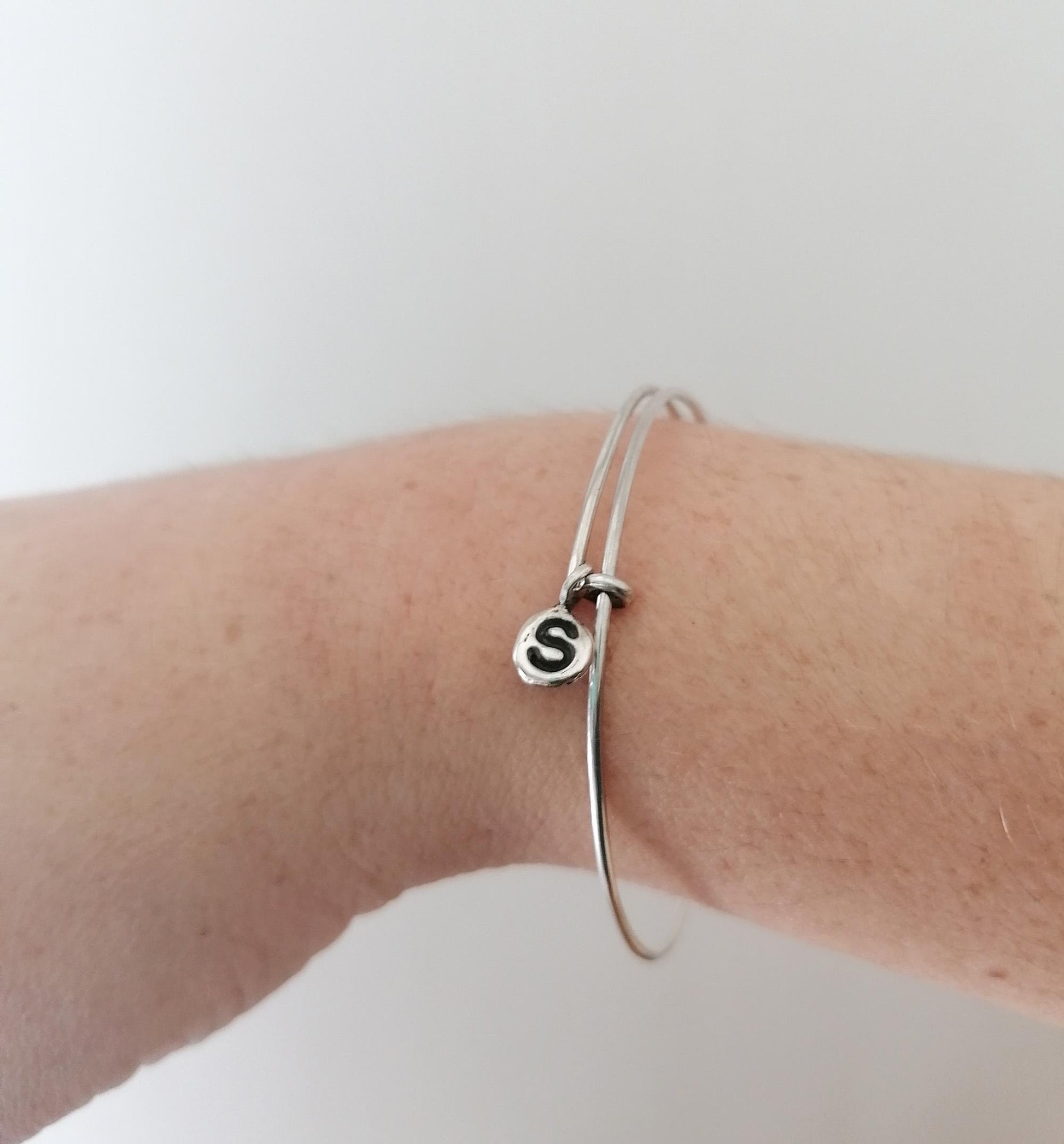 Sterling Silver 925 Adjustable Bangle Bracelet with Personalized Charms - Initials, Heart, Cross, and Monogram - SosyGallery