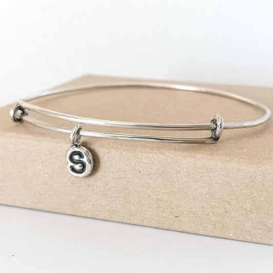 Sterling Silver 925 Adjustable Bangle Bracelet with Personalized Charms - Initials, Heart, Cross, and Monogram - SosyGallery