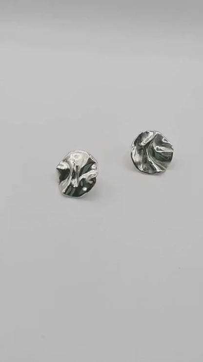 Silver 925 Large Irregular Melted Disc Stud Earrings