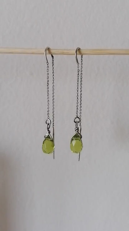 Delicate Green Quartz Crystal Teardrop Threader Earrings in Sterling Silver 925