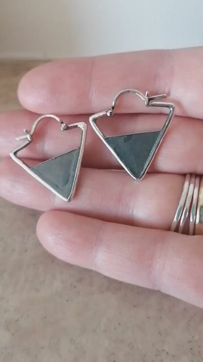 Handmade Oxidized Silver Triangle Hoop Earrings, Minimalist Sterling Silver Jewelry, Unique Modern Design